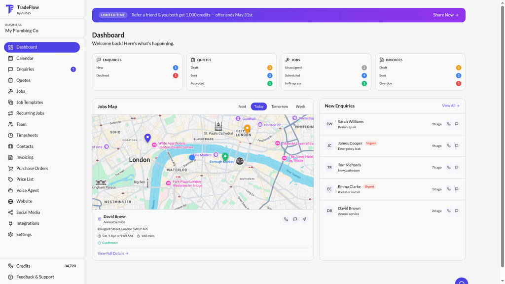TradeFlow dashboard showing enquiries, quotes, jobs and invoices